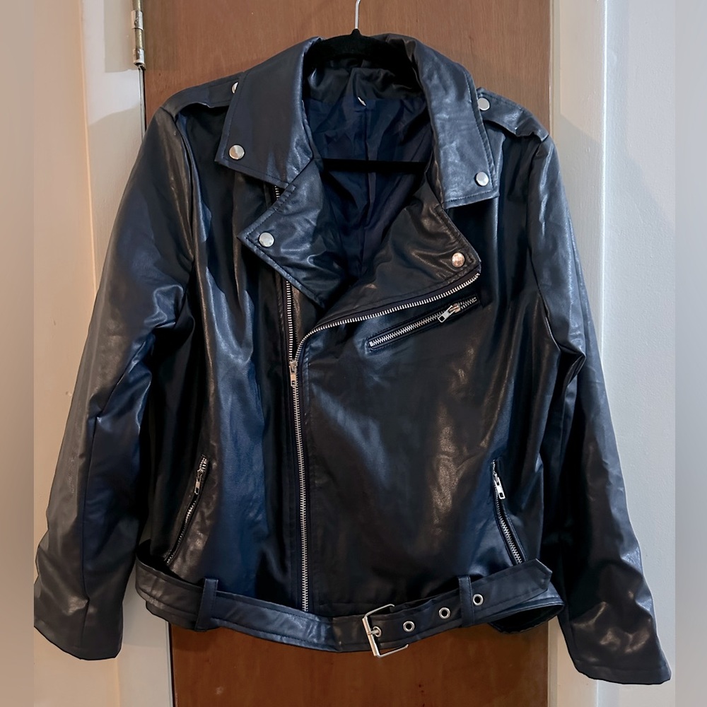 Navy Blue Faux Leather Moto Jacket Size Large